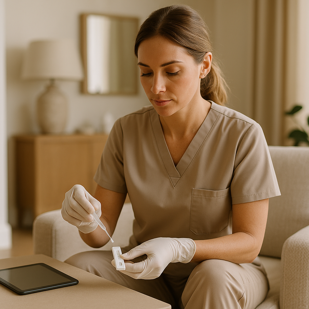A female nurse sitting on a couch, holding a tablet with a stethoscope attached to it.