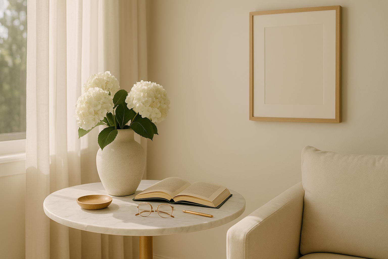 The image shows a modern interior space with a minimalist aesthetic, featuring a white wall, a light-colored sofa, a round table with a vase of flowers on top, a framed picture hanging above the table, and a small book lying open nearby.