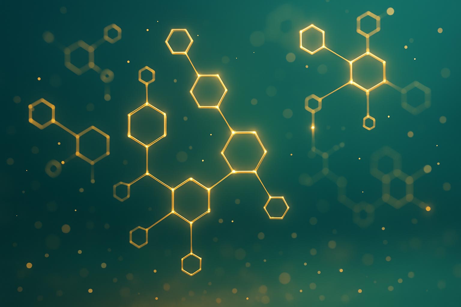The image displays a digital illustration with a background consisting of a dark blue space-like backdrop filled with golden, glittering particles that resemble stars or bokeh effects, giving the impression of a cosmic setting. In the foreground, there are various molecular structures composed of interconnected circles and lines, which are highlighted in gold against a black background, suggesting a theme related to science, chemistry, or molecules. The overall style of the image is graphic and modern, with a focus on symmetry and precision.