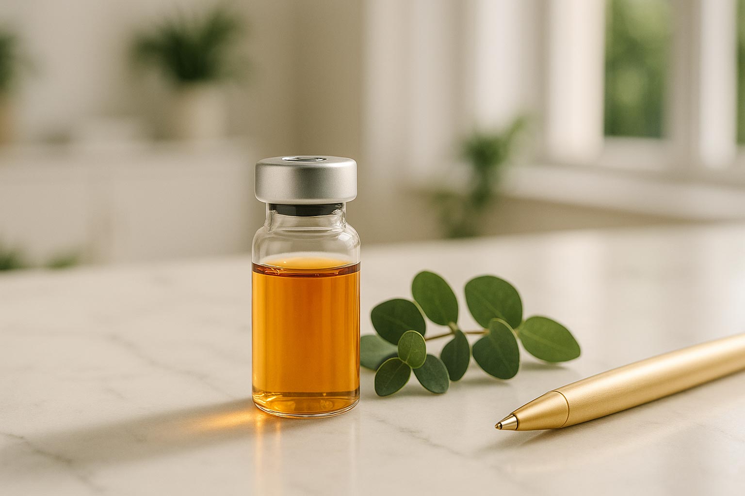 The image displays a bottle of oil with a dropper on a table next to an open bottle of oil, a pen, and some leaves, suggesting a setting for writing or signing a document related to essential oils.
