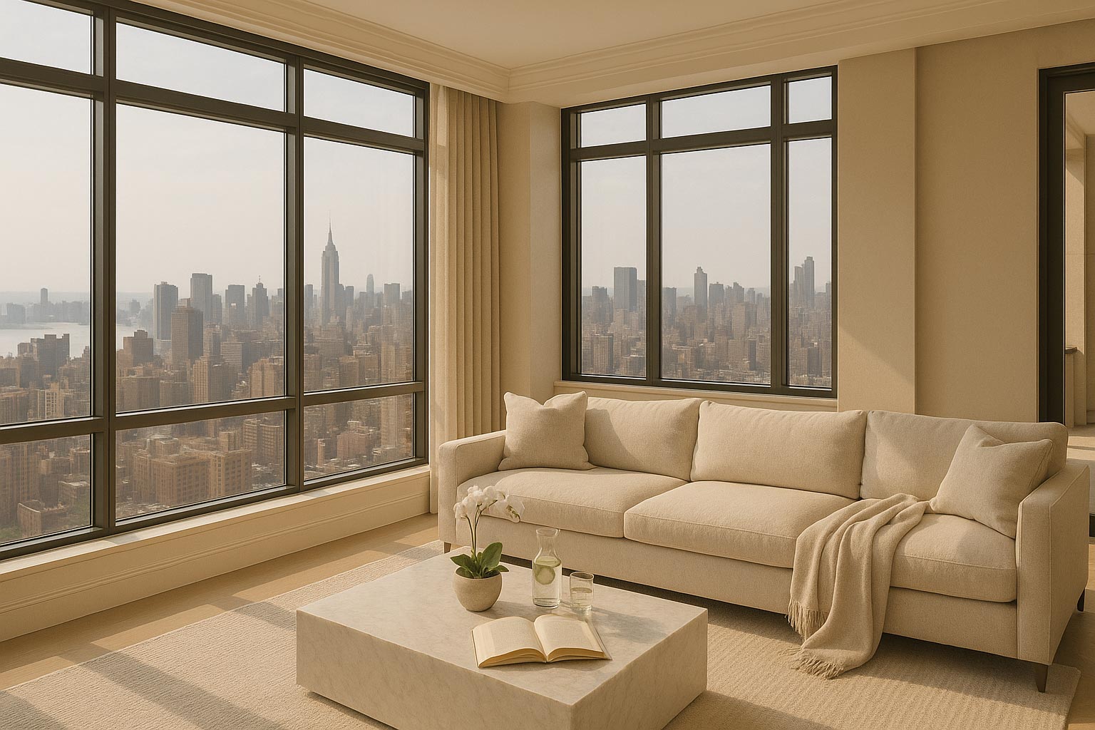 A spacious living room with large windows offering a view of the city skyline from a high-rise building.