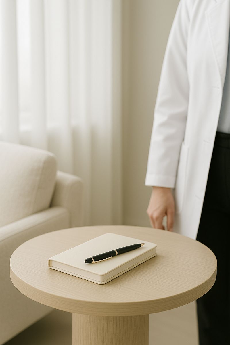 The image shows a person standing behind a round table with a book on top, wearing a white lab coat and black pants, set against a blurred background of a room with a couch and curtains.