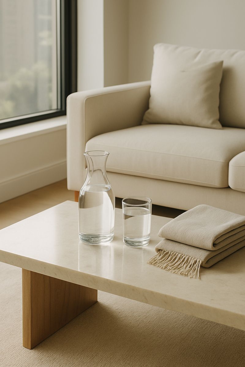 The image depicts a modern living room setting with a white sofa, a coffee table, and two decorative vases on the table.