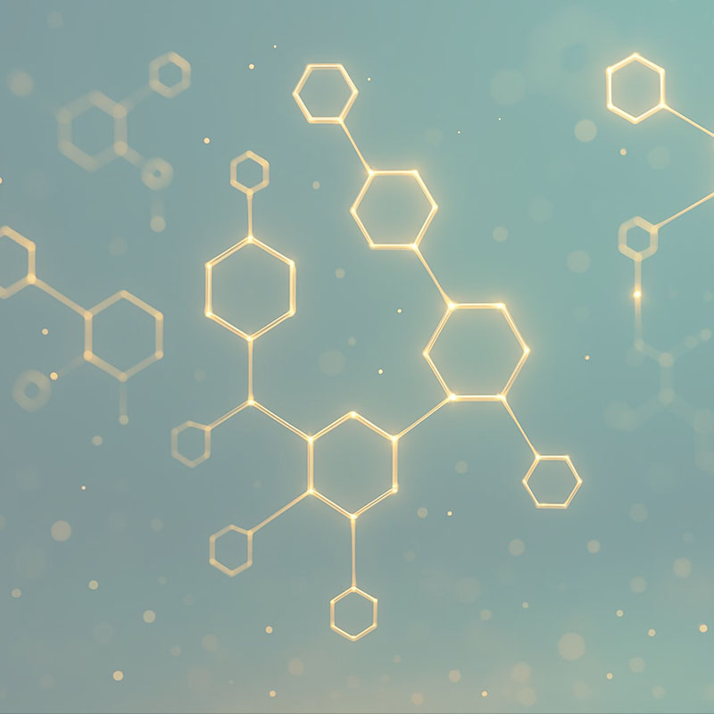 The image features a dark background with a hexagonal molecular structure pattern illuminated by golden light.