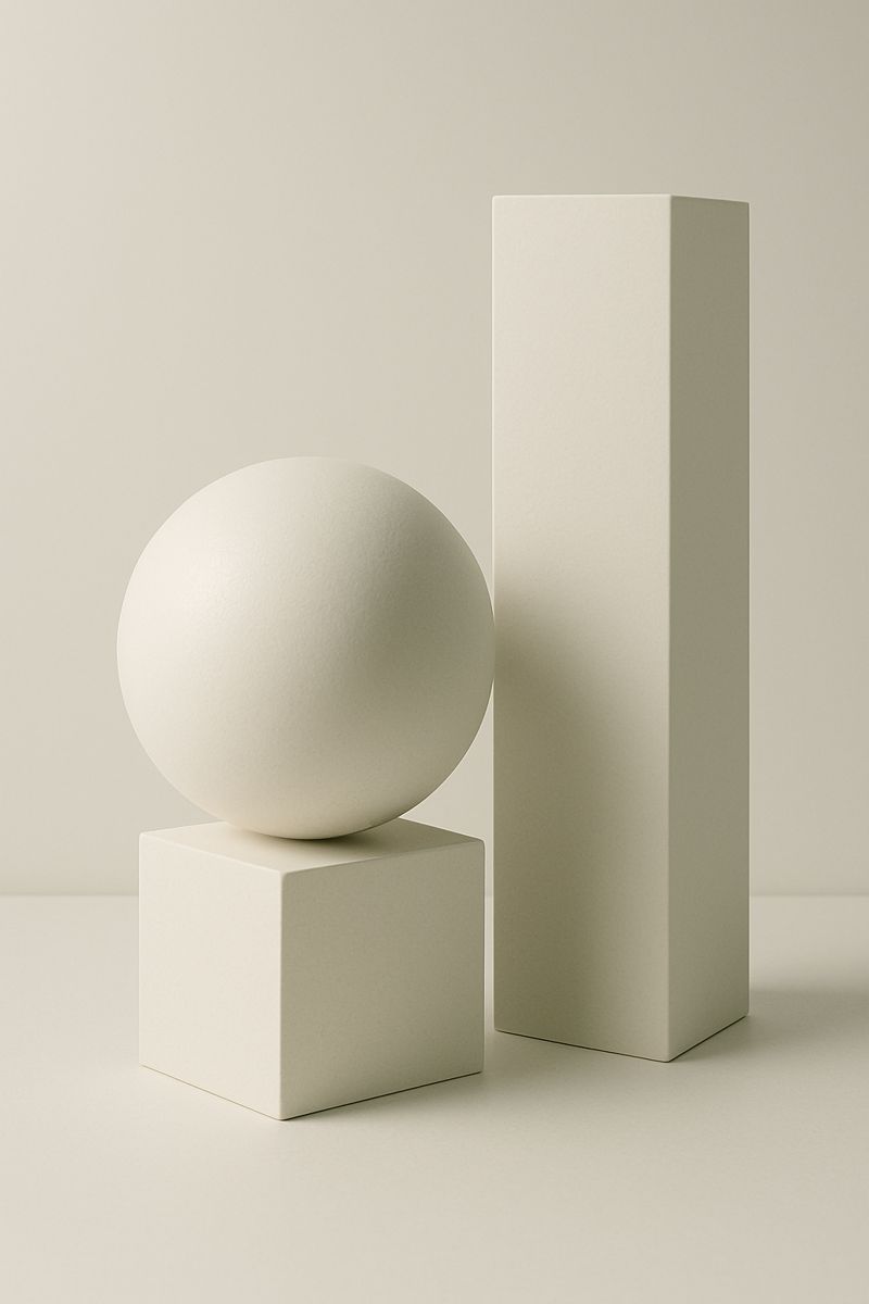 A white marble sphere on top of two rectangular blocks against a neutral background.