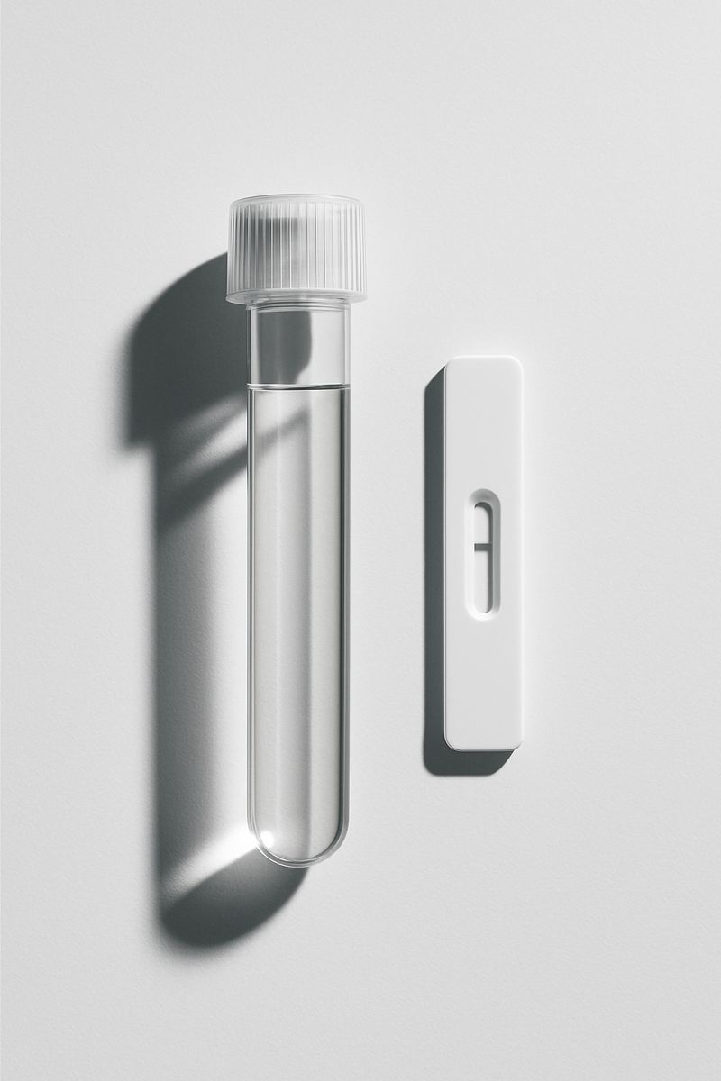 The image shows a transparent test tube with a dropper next to it on a white surface, set against a gray background.