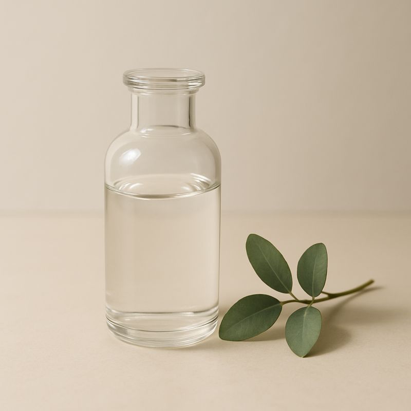 Clear glass bottle containing liquid with leaf resting on its side.